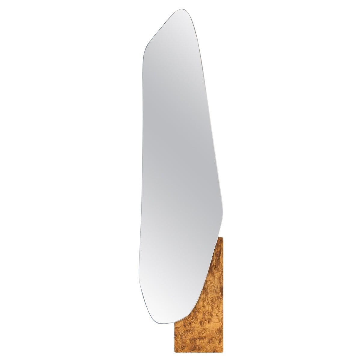 Contemporary Wall Mirror 'Lake 2' by Noom, Madrone Veneered Wood Base For Sale