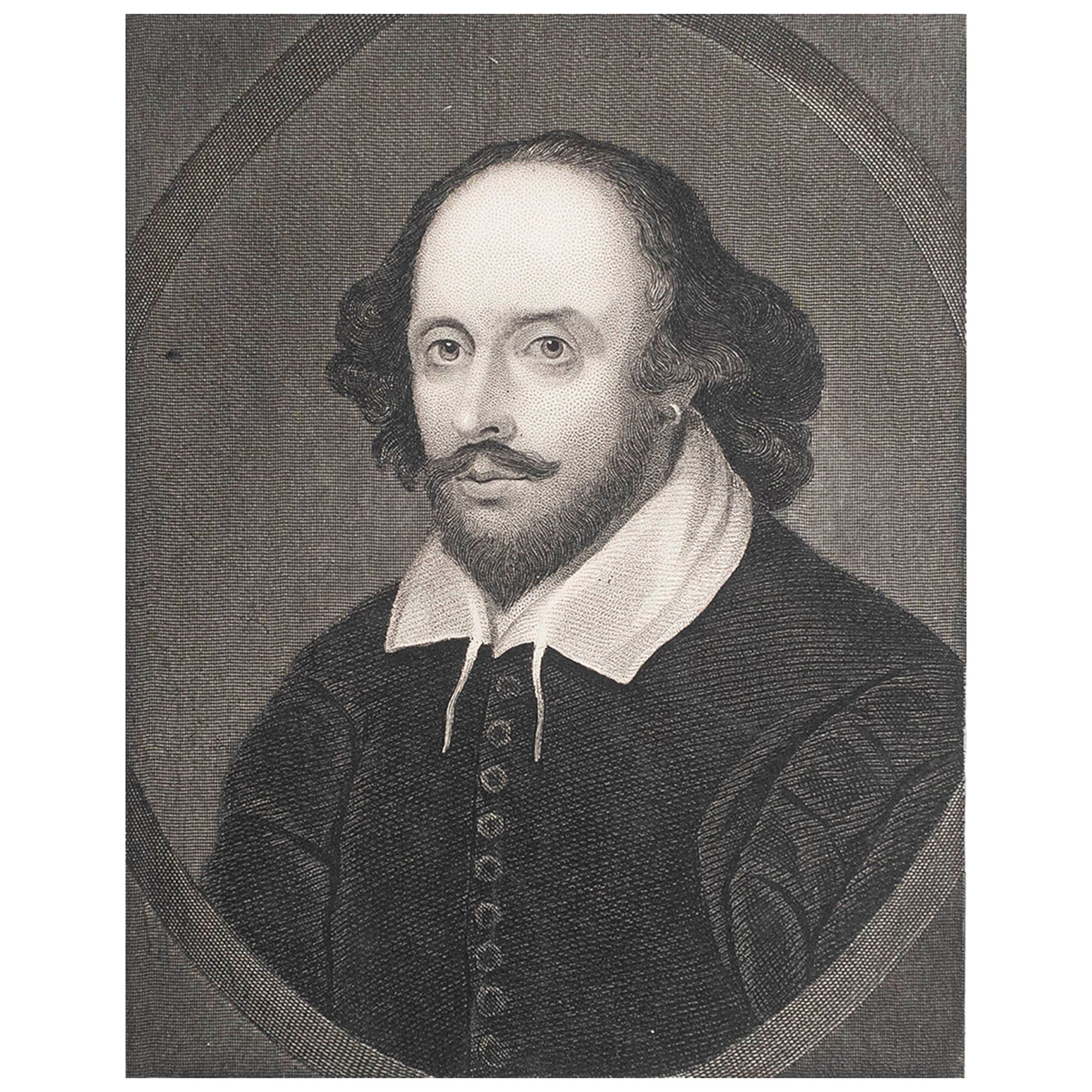 Gravure ancienne originale, portrait de William Shakespeare, vers 1850