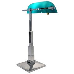 Lampe de bureau de banquier Platend en nickel avec verre vert-bleu