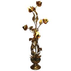 Hollywood Regency Gilt Metal Floral Gold Leaf Floor Lamp