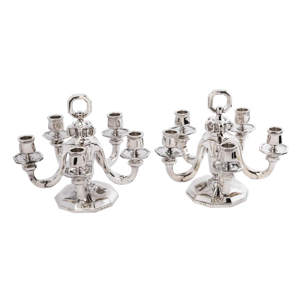 Goldsmith Gustave Keller Pair of candelabras in sterling silver, art deco period For Sale