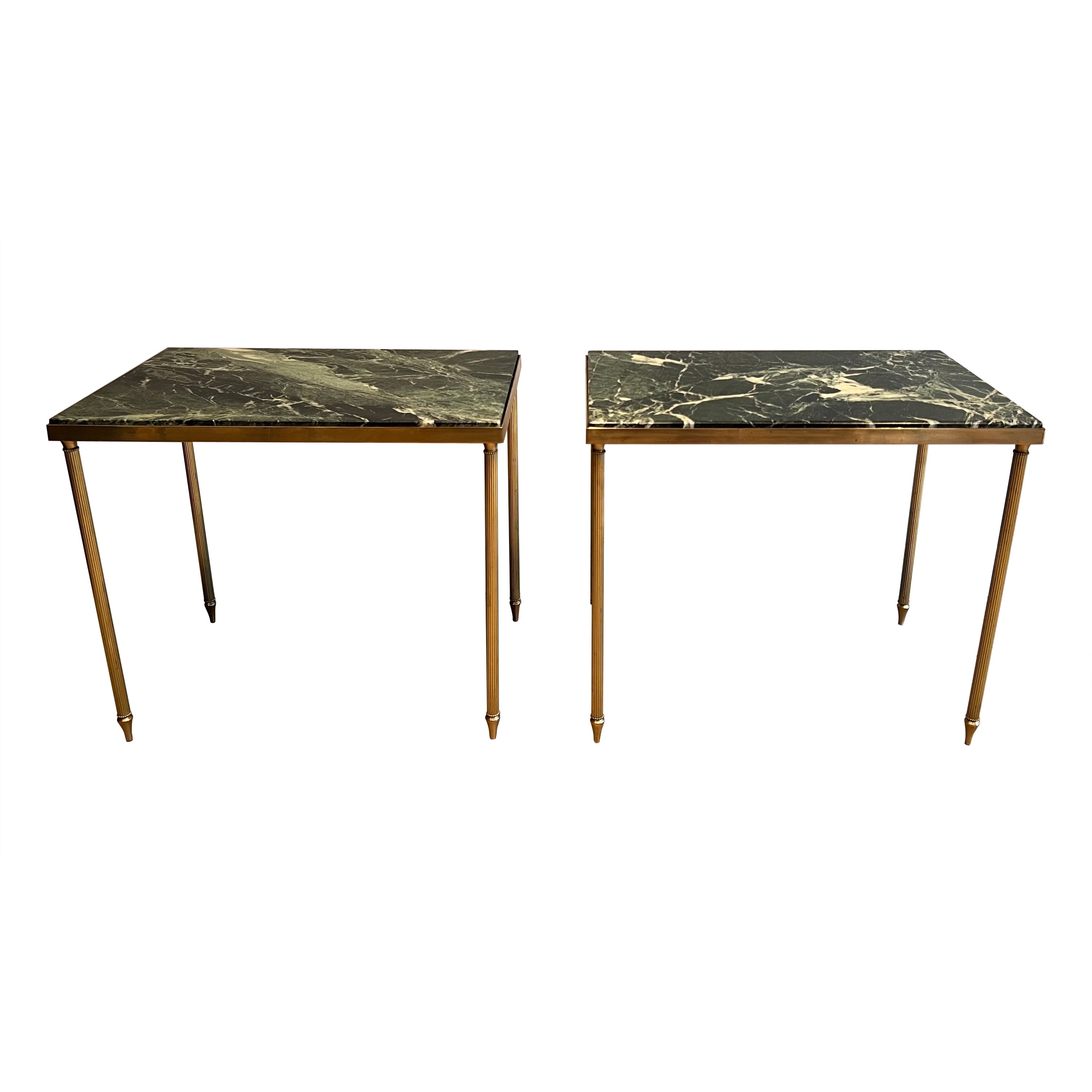 Pair of Brass Side Tables with Green Marble Top in the Style of Maison Jansen