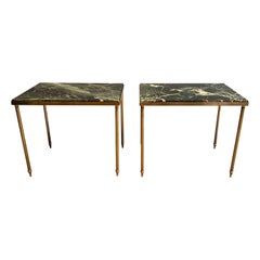 Vintage Pair of Brass Side Tables with Green Marble Top in the Style of Maison Jansen
