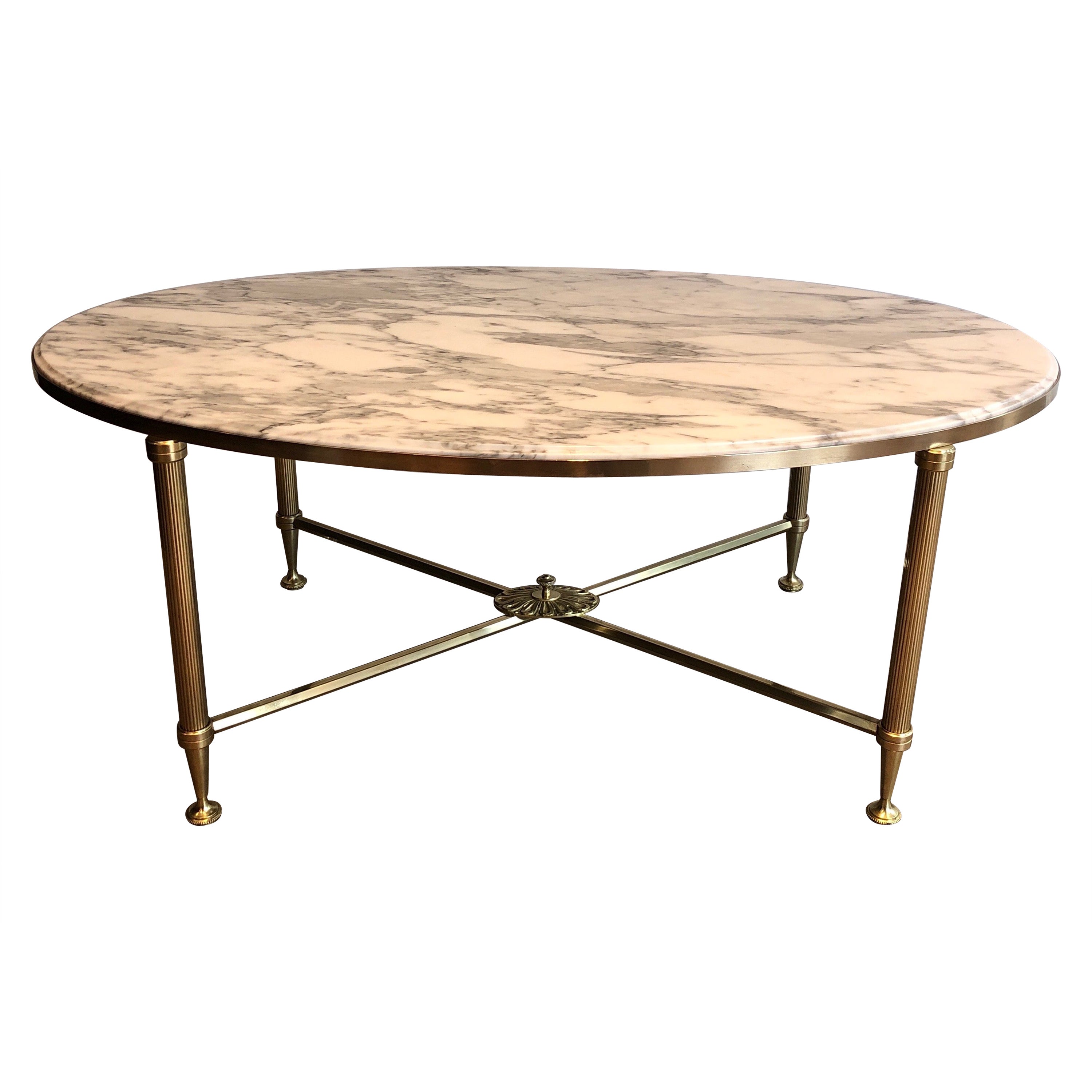 Rare Oval Brass Coffee Table with Carrara white Marble Top by Maison Jansen For Sale