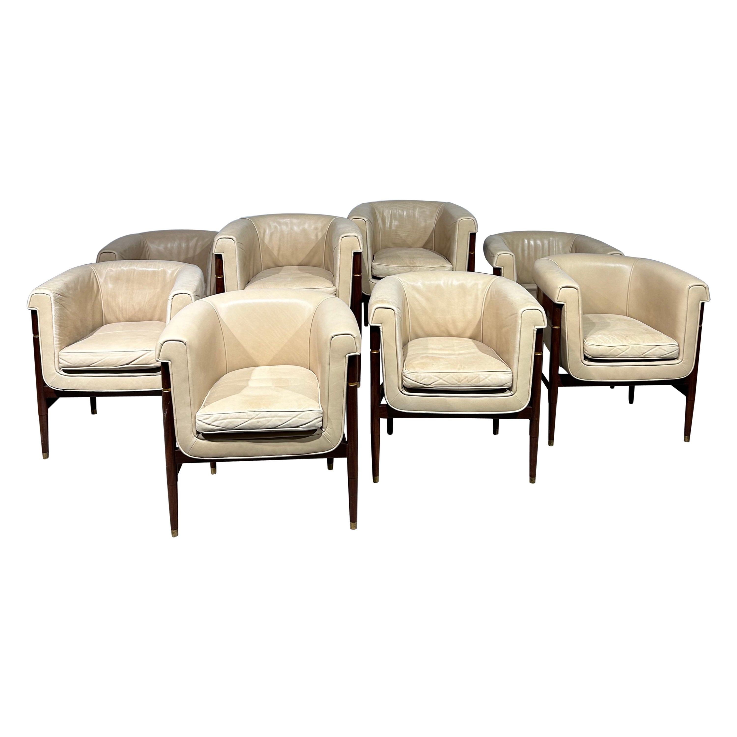 Set of 8 Italian dining cream leather and brown wood easychairs For Sale