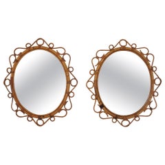 Vintage Pair of Spanish Rattan Bamboo Oval Mirrors, 1960s