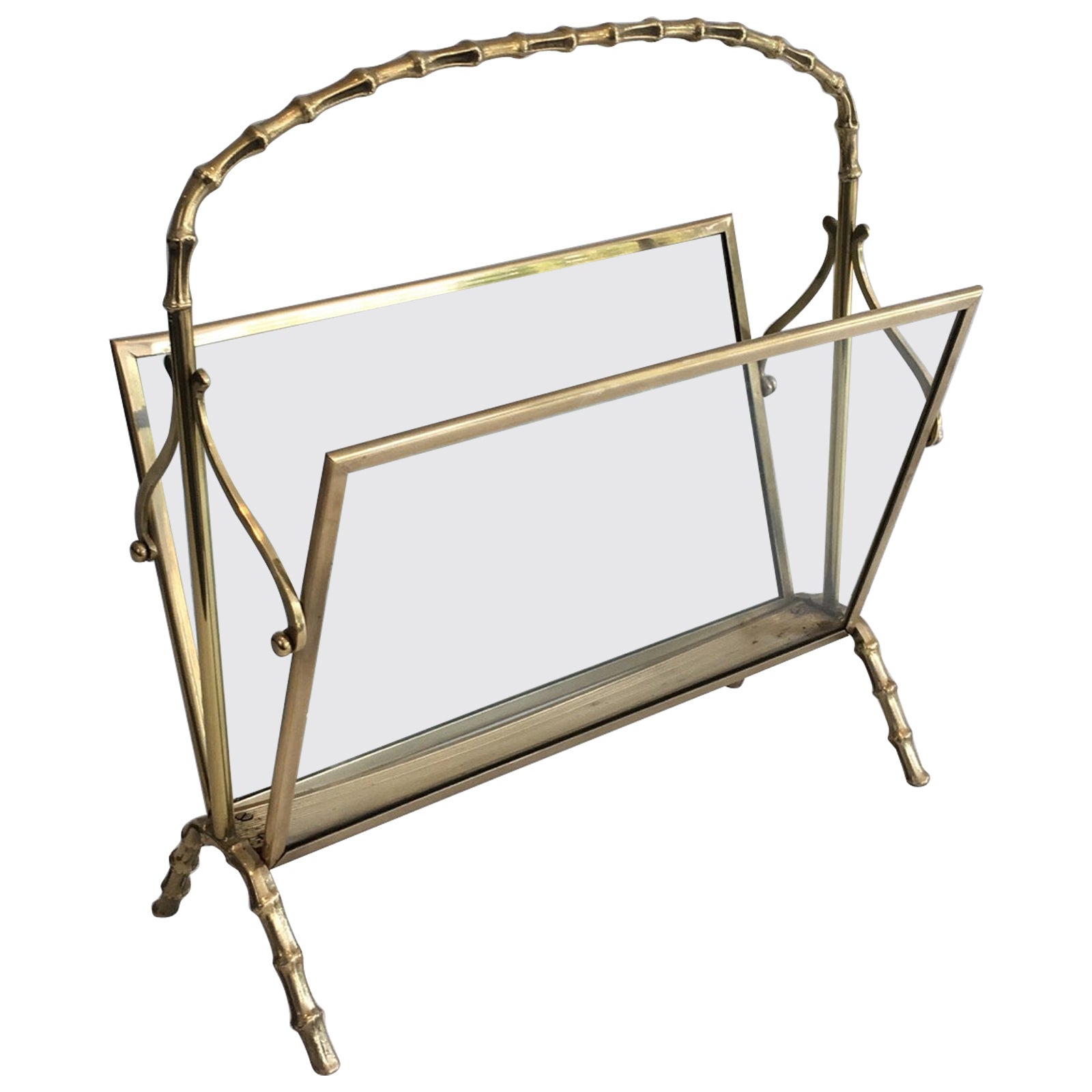 Brass Faux-Bamboo Bronze and Brass Magazine Rack by Maison Baguès For Sale