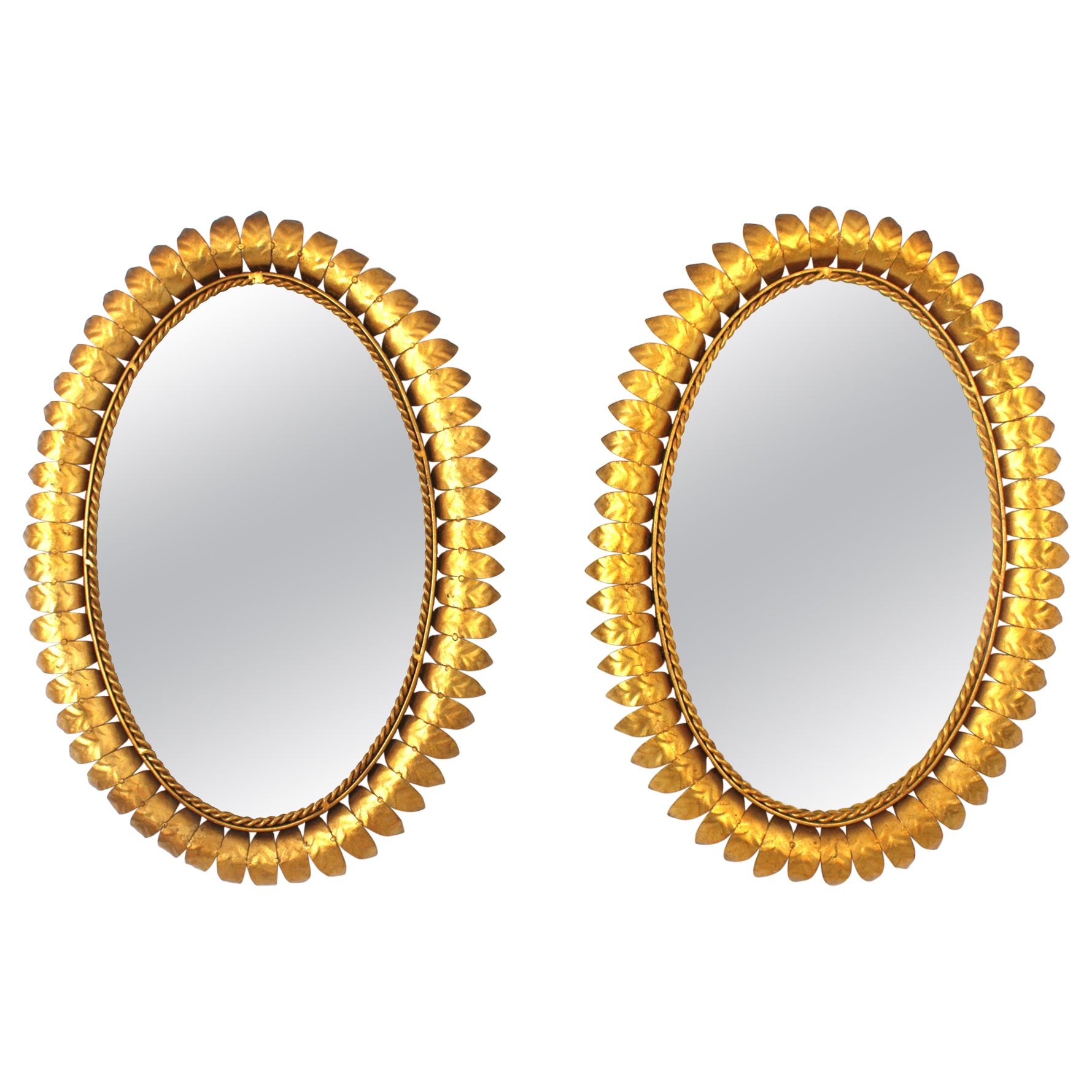 Pair of Sunburst Oval Mirrors in Gilt Metal, 1950s