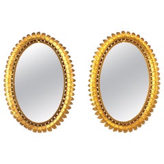 Vintage Pair of Sunburst Oval Mirrors in Gilt Metal