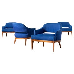 Vintage Erwin Lambeth Open Back Lounge Chairs in Raw Blue Silk with Walnut Frames 1960s