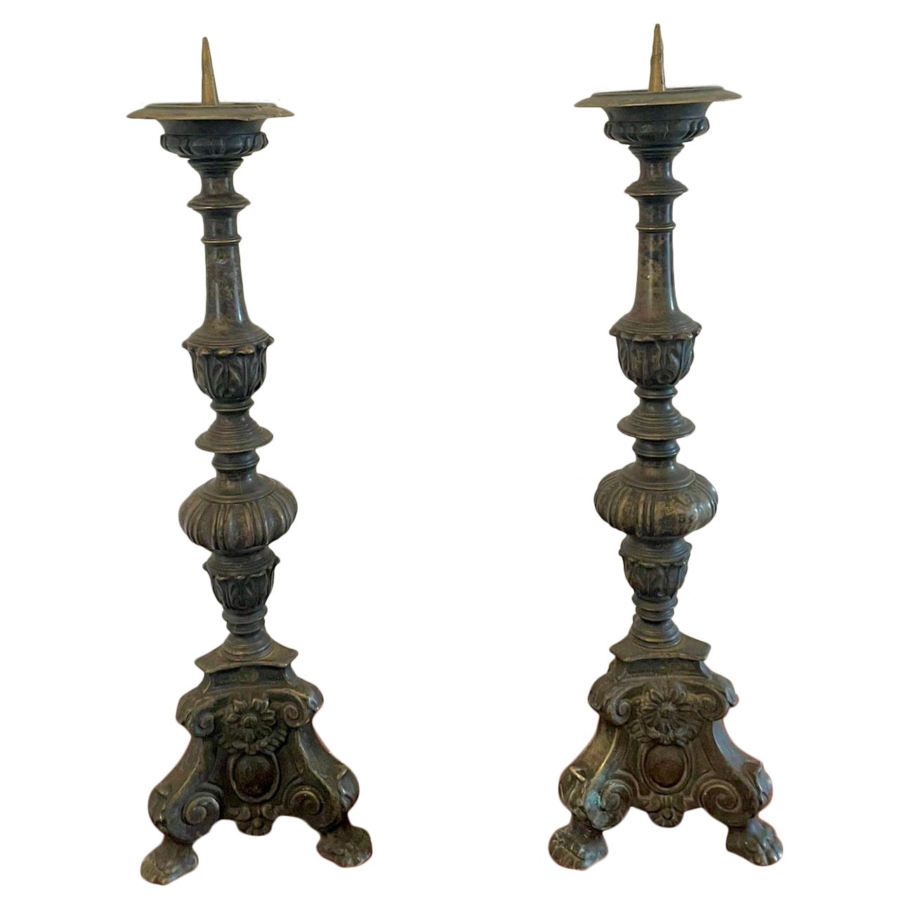 Unusual Pair of Large Antique Victorian Ornate Brass Pricket Candlesticks  For Sale