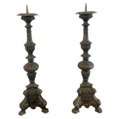 Unusual Pair of Large Antique Victorian Ornate Brass Pricket Candlesticks 