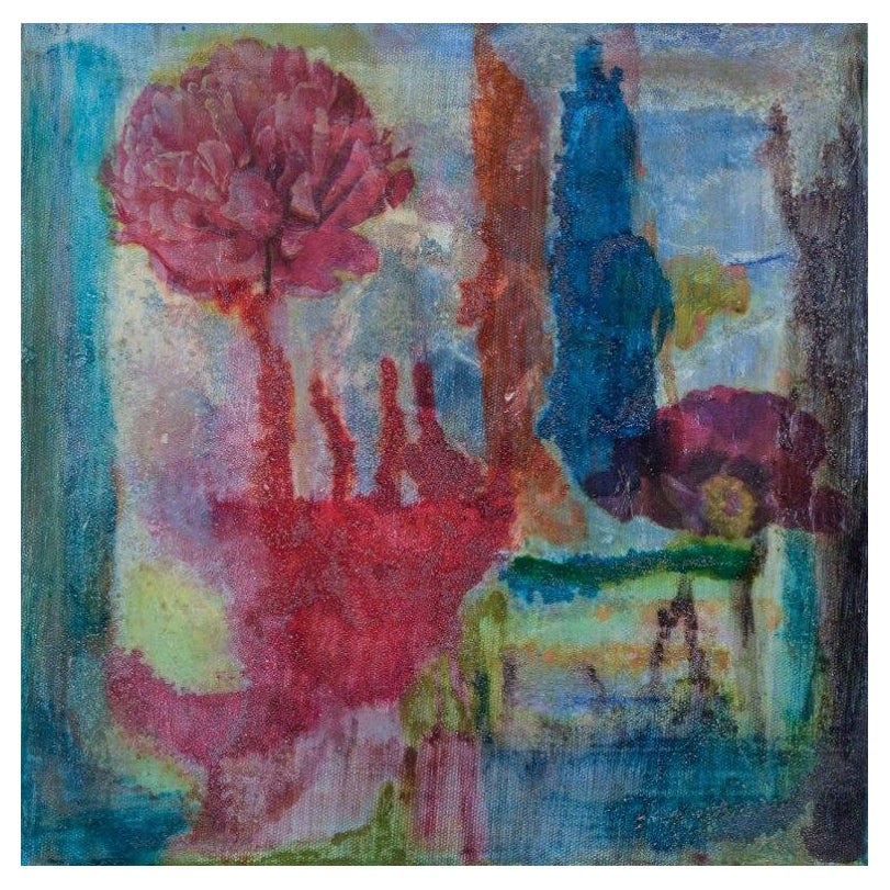 Danish artist. Mixed media on canvas. Abstract composition. 21st C. For Sale