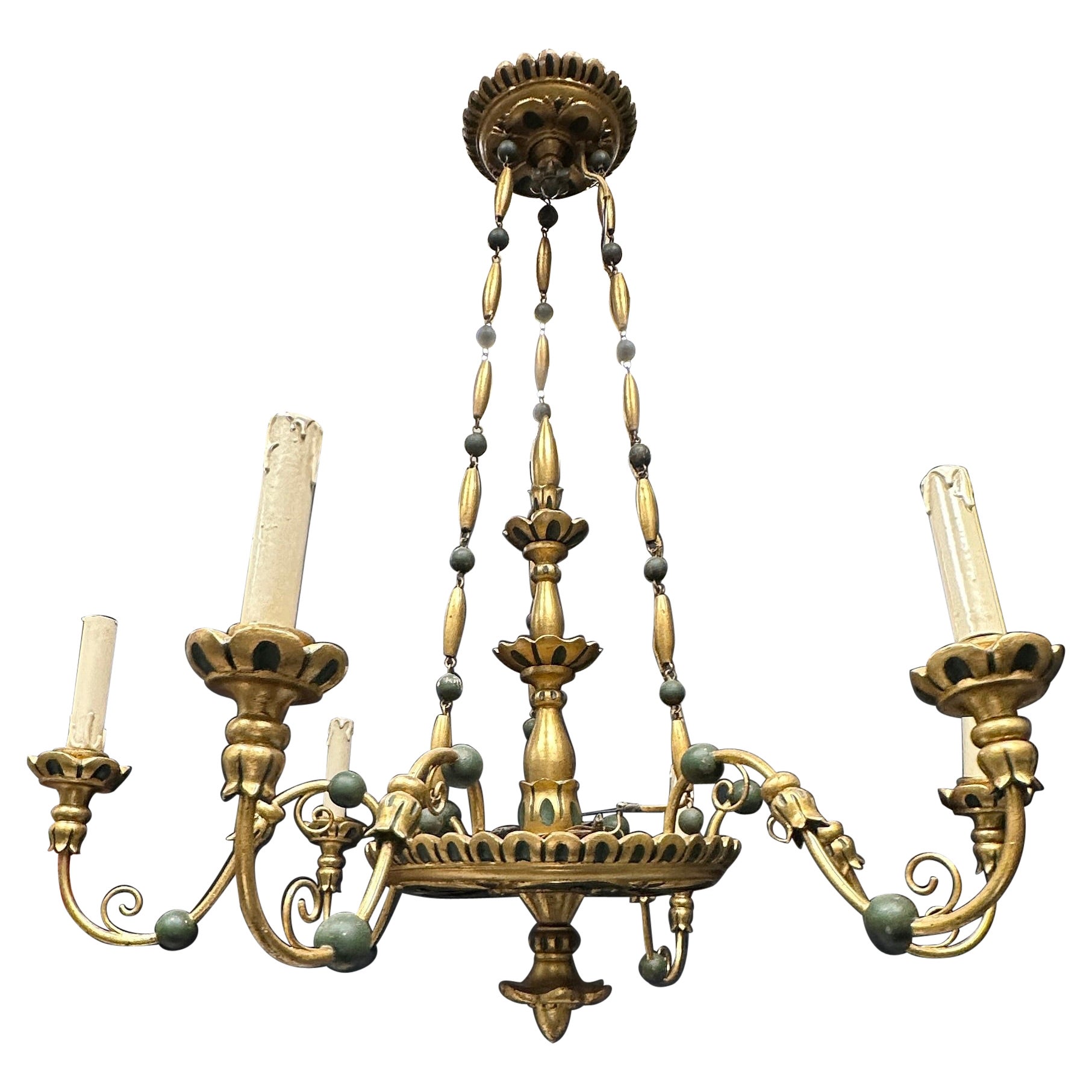 Six Light White & Gilt Wood Hollywood Regency Vienna Chandelier Tole, Austria For Sale