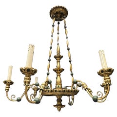 Vintage Six Light White & Gilt Wood Hollywood Regency Vienna Chandelier Tole, Austria