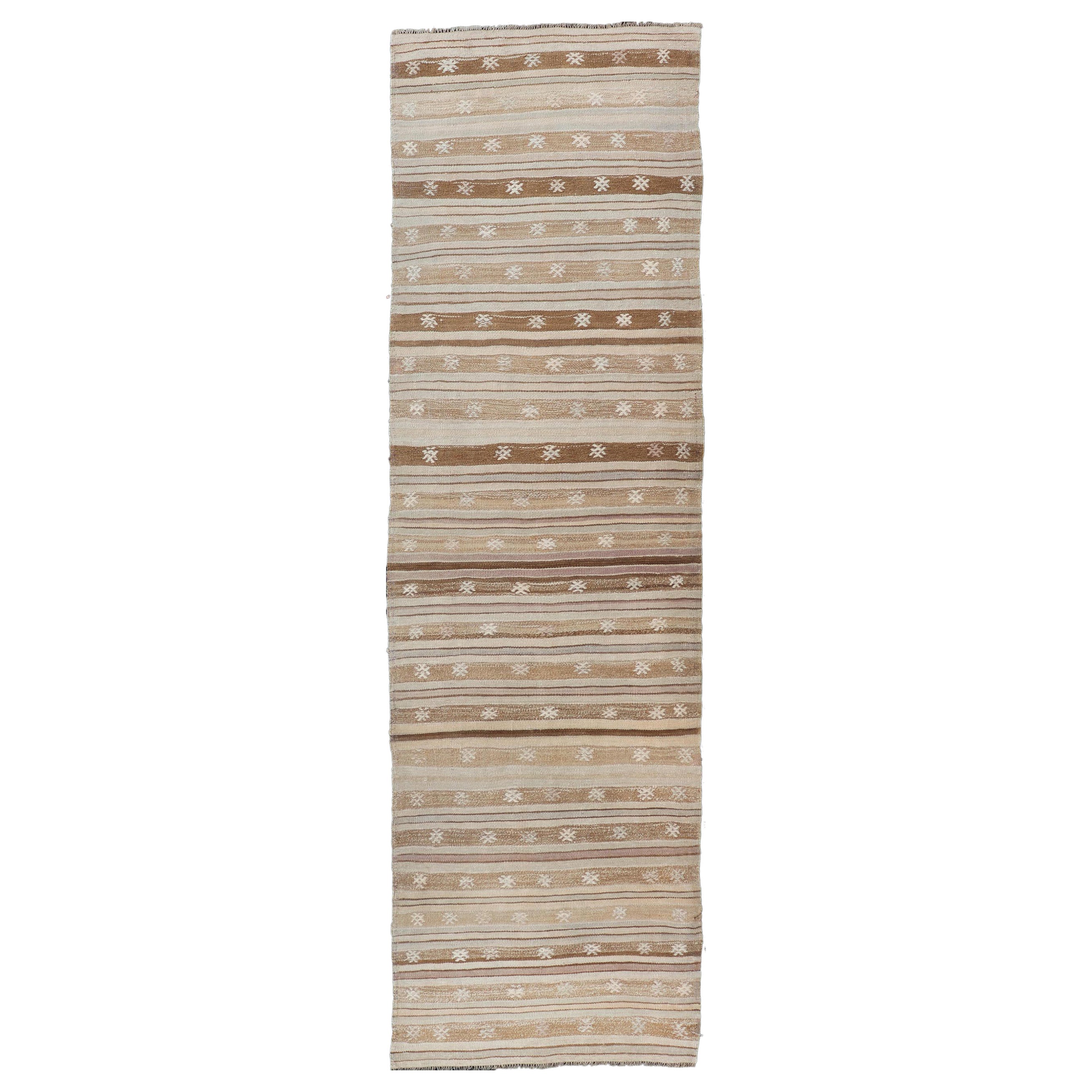 Vintage Turkish Tribal Kilim Runner with Warm Neutrals and Intricate Geometric P For Sale