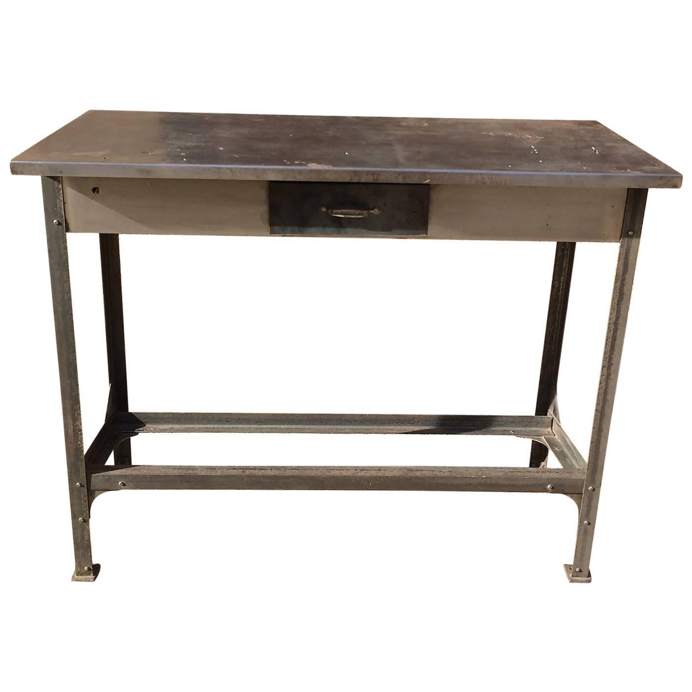 Industrial Brushed Steel Work Bench Table For Sale