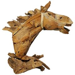 Monumental Wood Horse Head Sculpture
