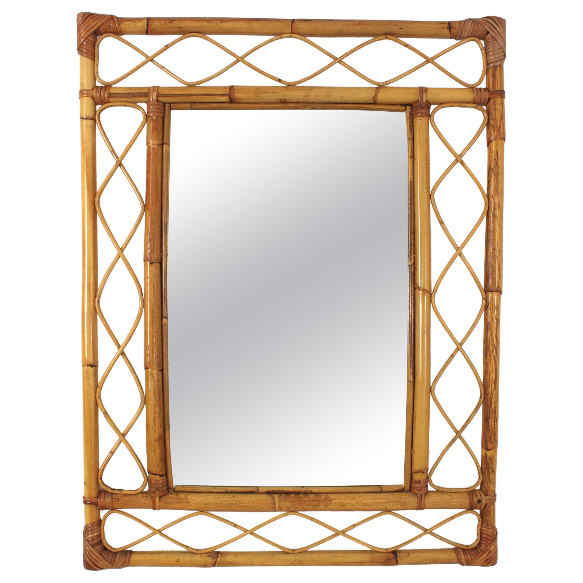 Rattan Bamboo Franco Albini Style Rectangular Mirror, 1960s  For Sale