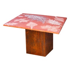 Red Diamond-Shaped Concrete Dining Table on Steel Base with Faux-Rust Patina