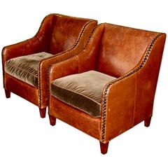 Leather and Mohair Club Chairs with Large Nailheads