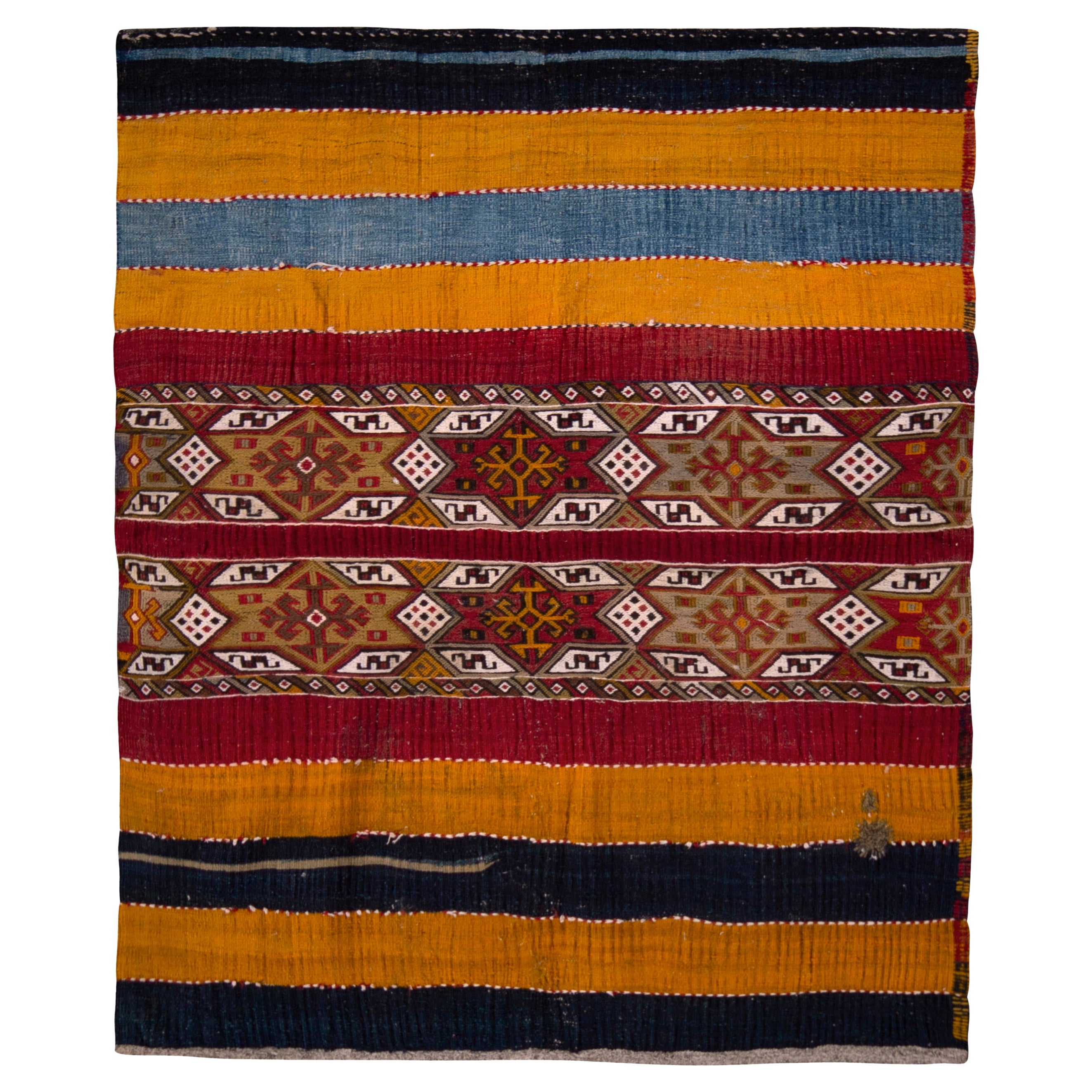 Antique Kurdish Rug Gold Red Striped Geometric Pattern For Sale