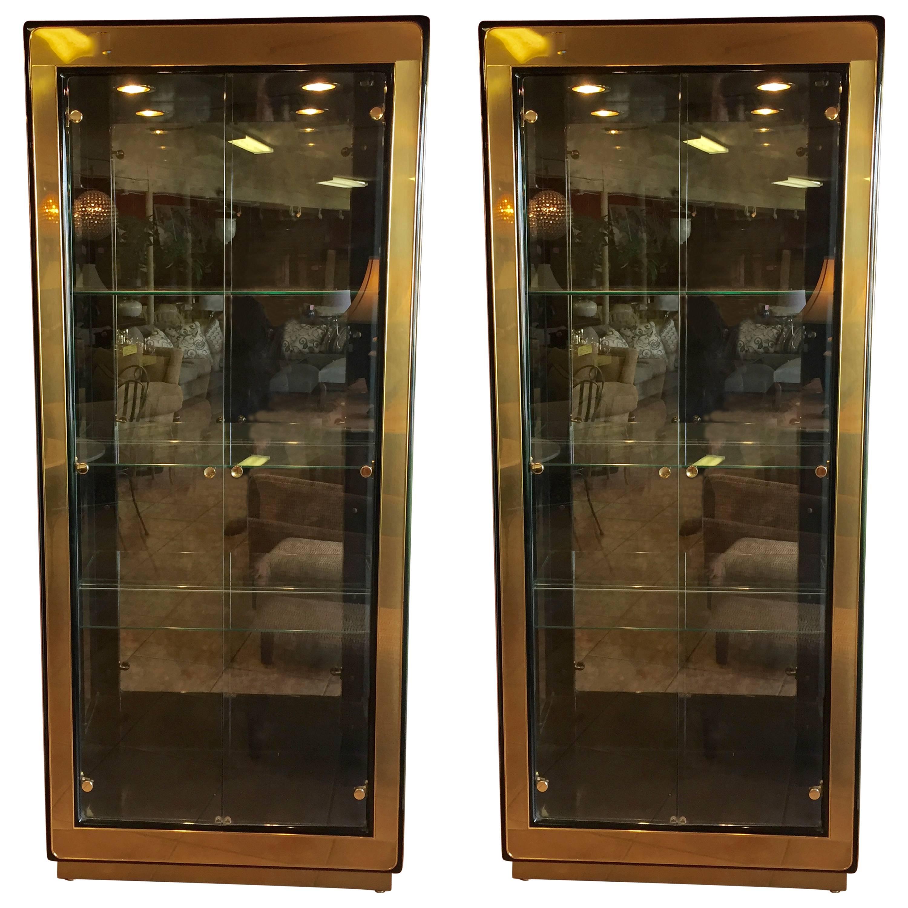 Pair of Mastercraft Brass Display Cabinets or Vitrines with Original Label