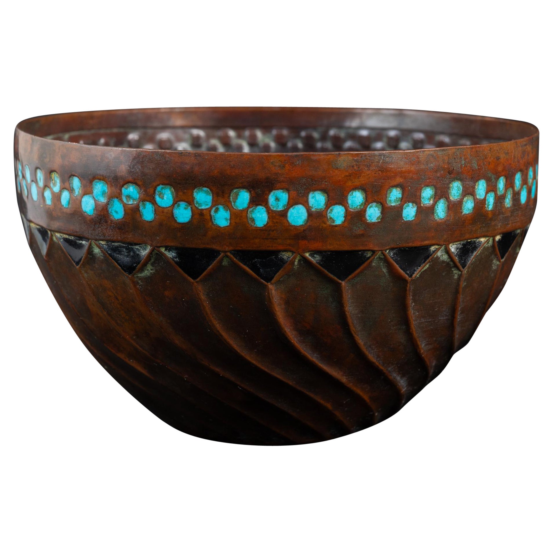 Enameled Copper Art Nouveau Spiral Bowl by Ludwig Karl Maria Vierthaler