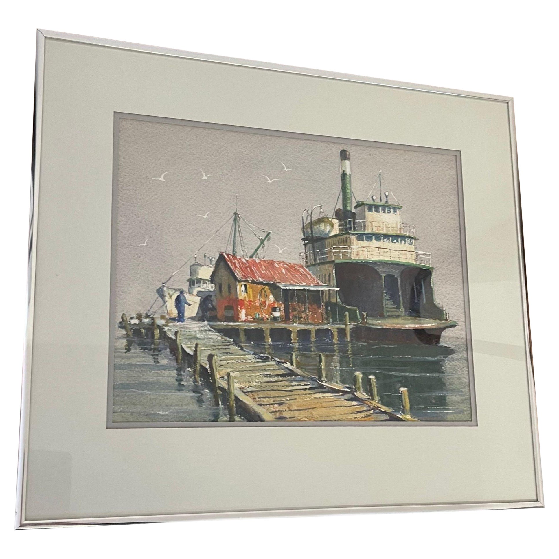 Aquarelle originale encadrée intitulée Ferry for Sale par Coe