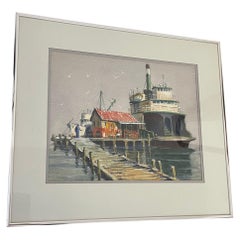 Retro Framed Original Watercolor Titled “ Ferry for Sale “ by Coe