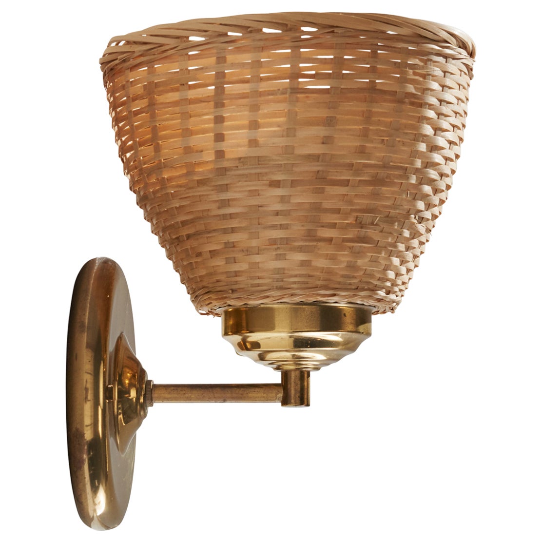 Schwedische Designerin, Wandleuchte, Messing, Rattan, Schweden, 1970er Jahre