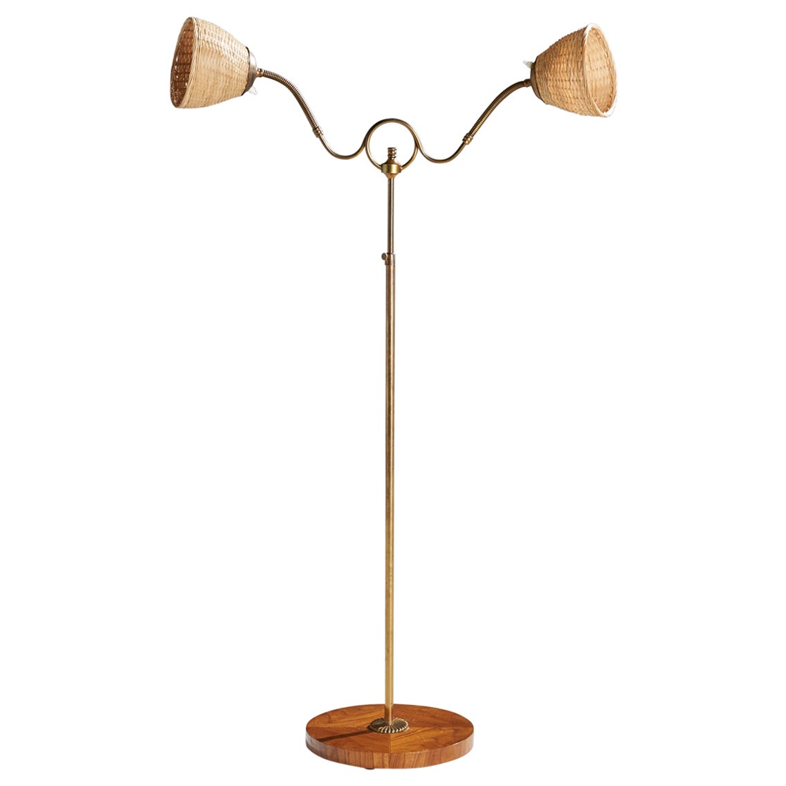 Swedish Designer, Floor Lamp, Brass, Rattan, Elm, Sweden, 1940s