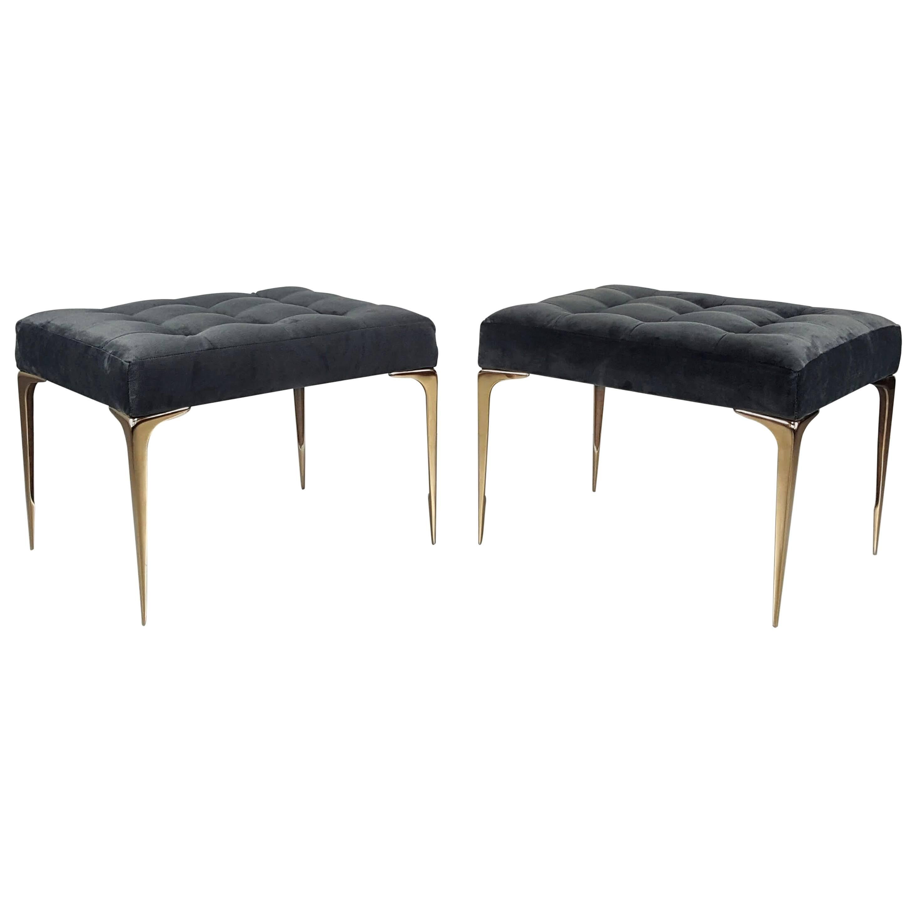 Lancia Italian Modern Ottomans or Benches with Solid Bronze Tapered Legs, a pair