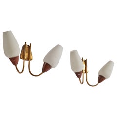 Vintage Italian Designer, Wall Lights, Brass, Metal, Glass, Italy, 1940s