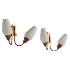 Italian Designer, Wall Lights, Brass, Metal, Glass, Italy, 1940s