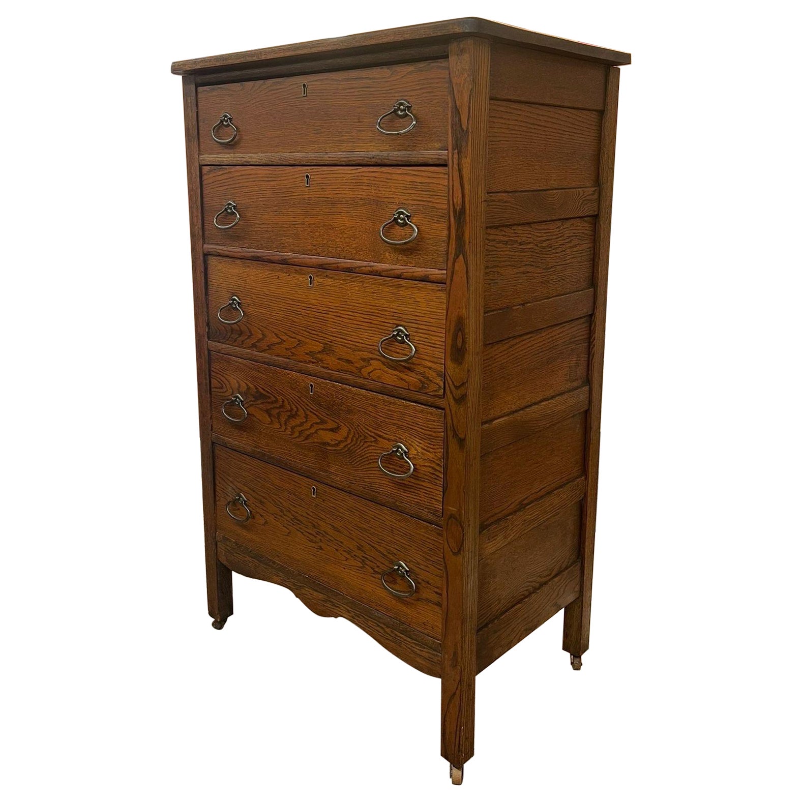 Vintage Wooden Five Drawer Tall Dresser. For Sale