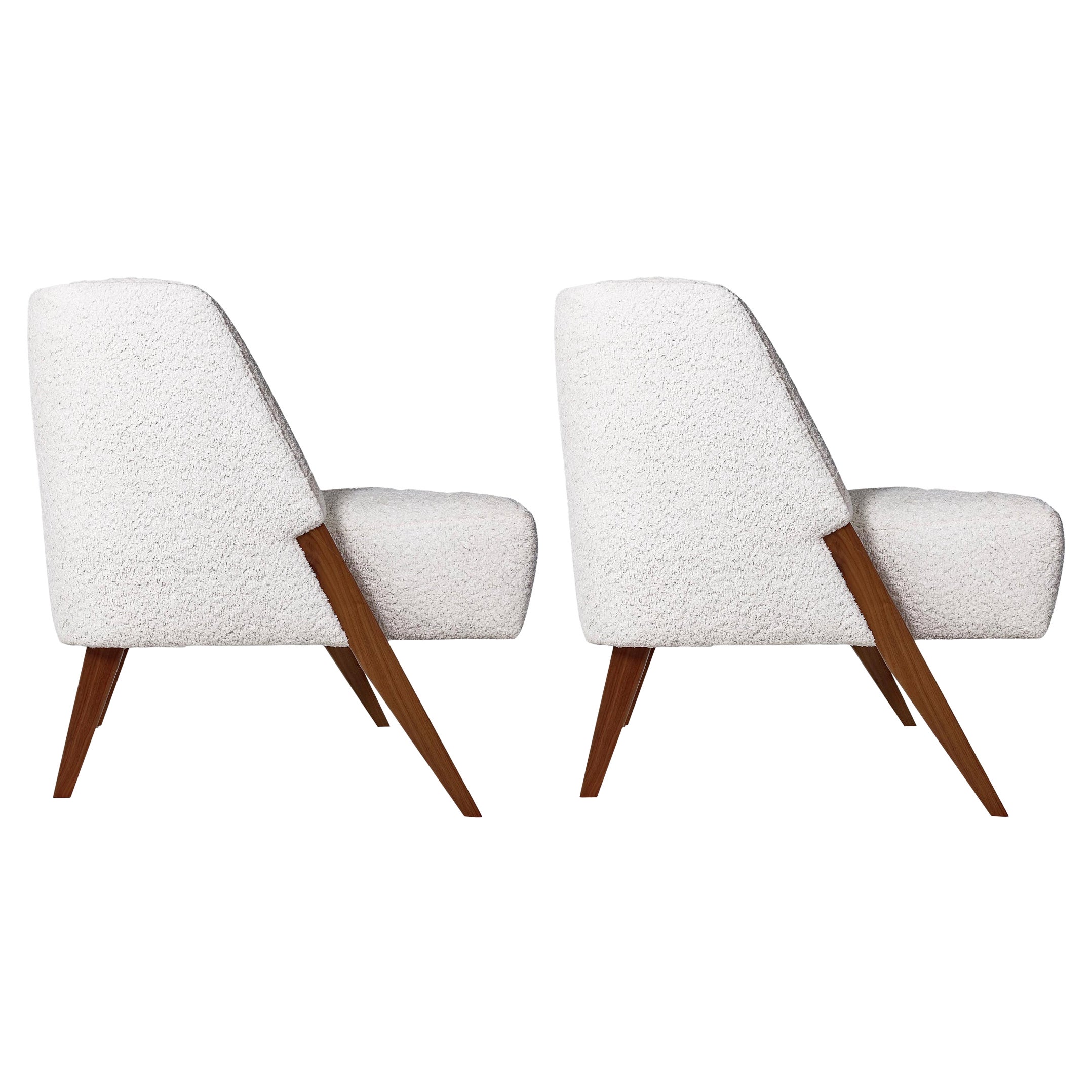 Pair of Lounge Chairs in the style of Gio Ponti, Walnut, Ivory Bouclé Fabric