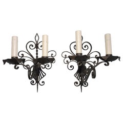 Vintage Elegant pair of French 1930's wrought iron sconces