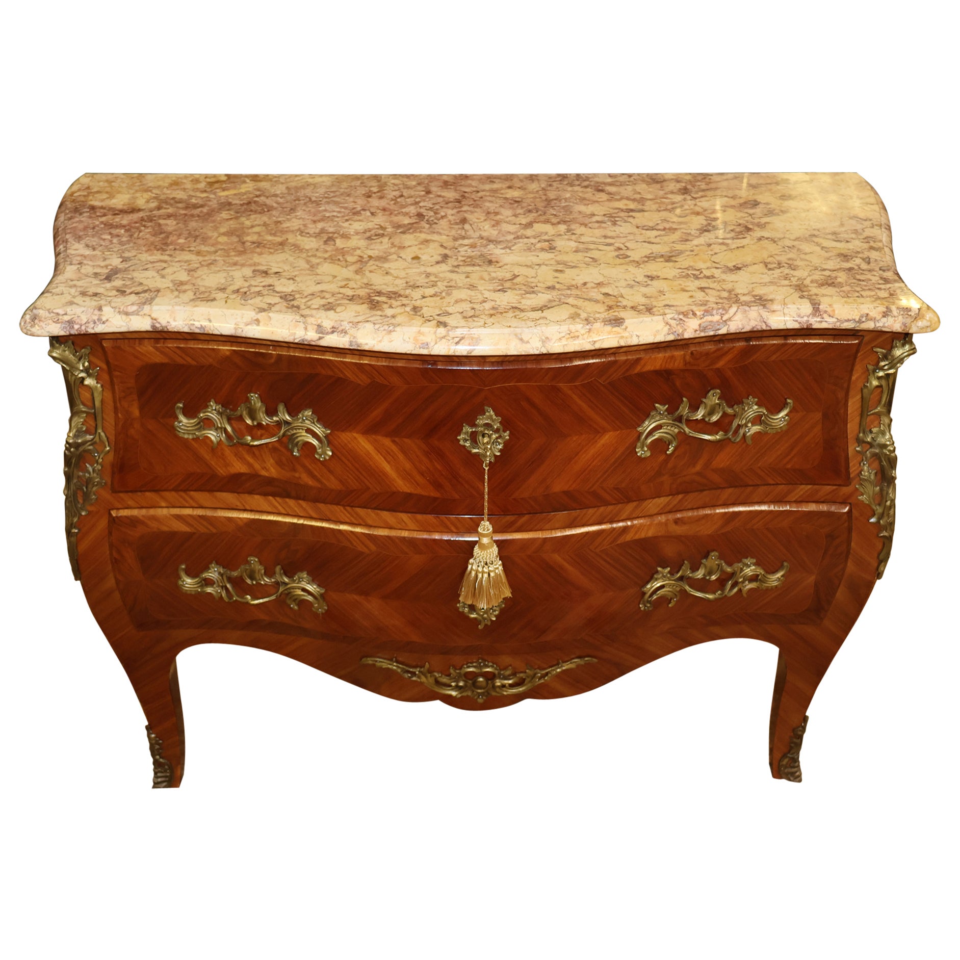 French Louis XV Style Kingwood Marble Top Commode Dresser Chest of Drawers