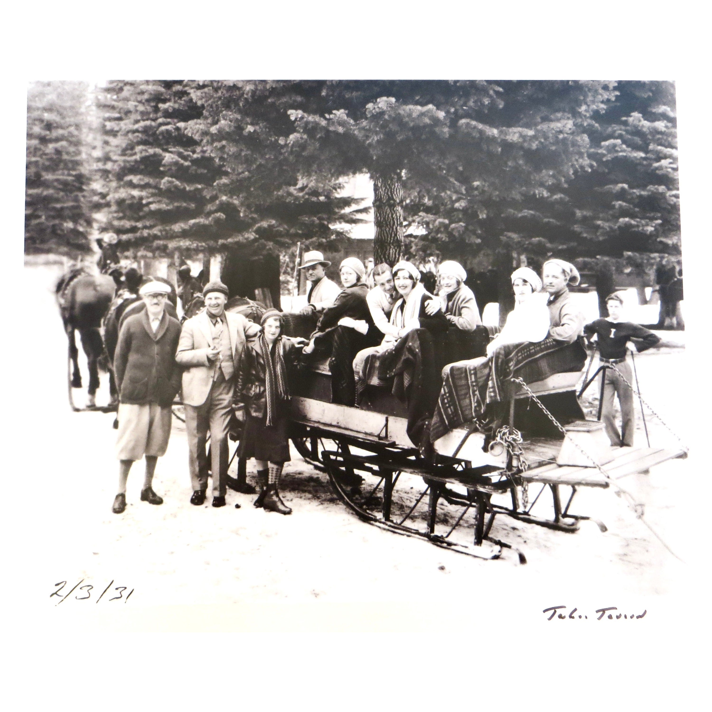 Original Vintage Photo; The Lake Tahoe Area "Group of People Sledding" Date 1931 For Sale
