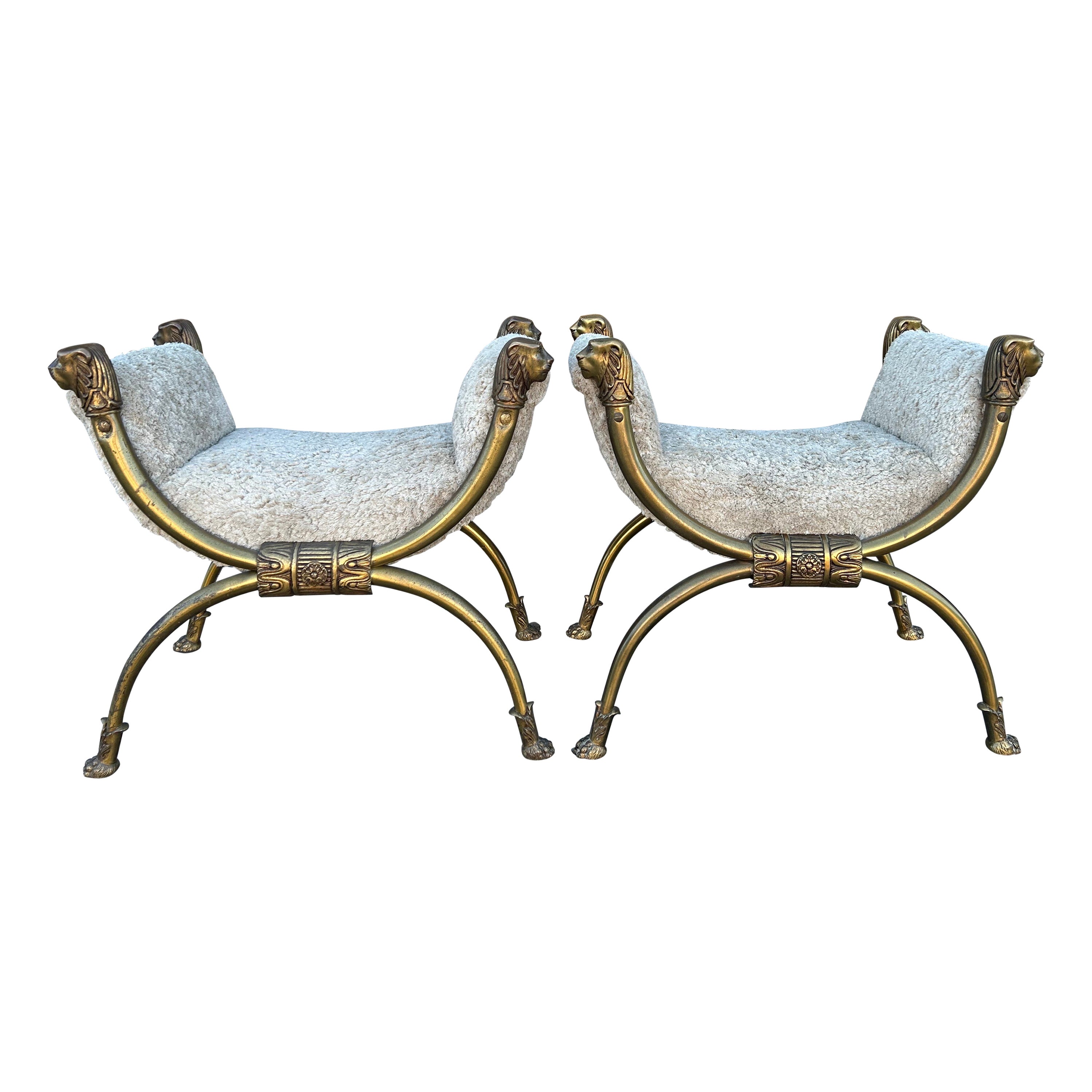 Pair Of Italian Brass Curule Benches With Lions Heads