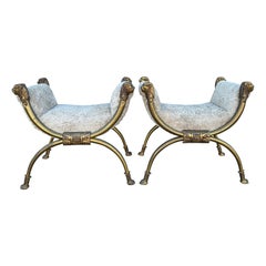 Pair Of Italian Brass Curule Benches With Lions Heads