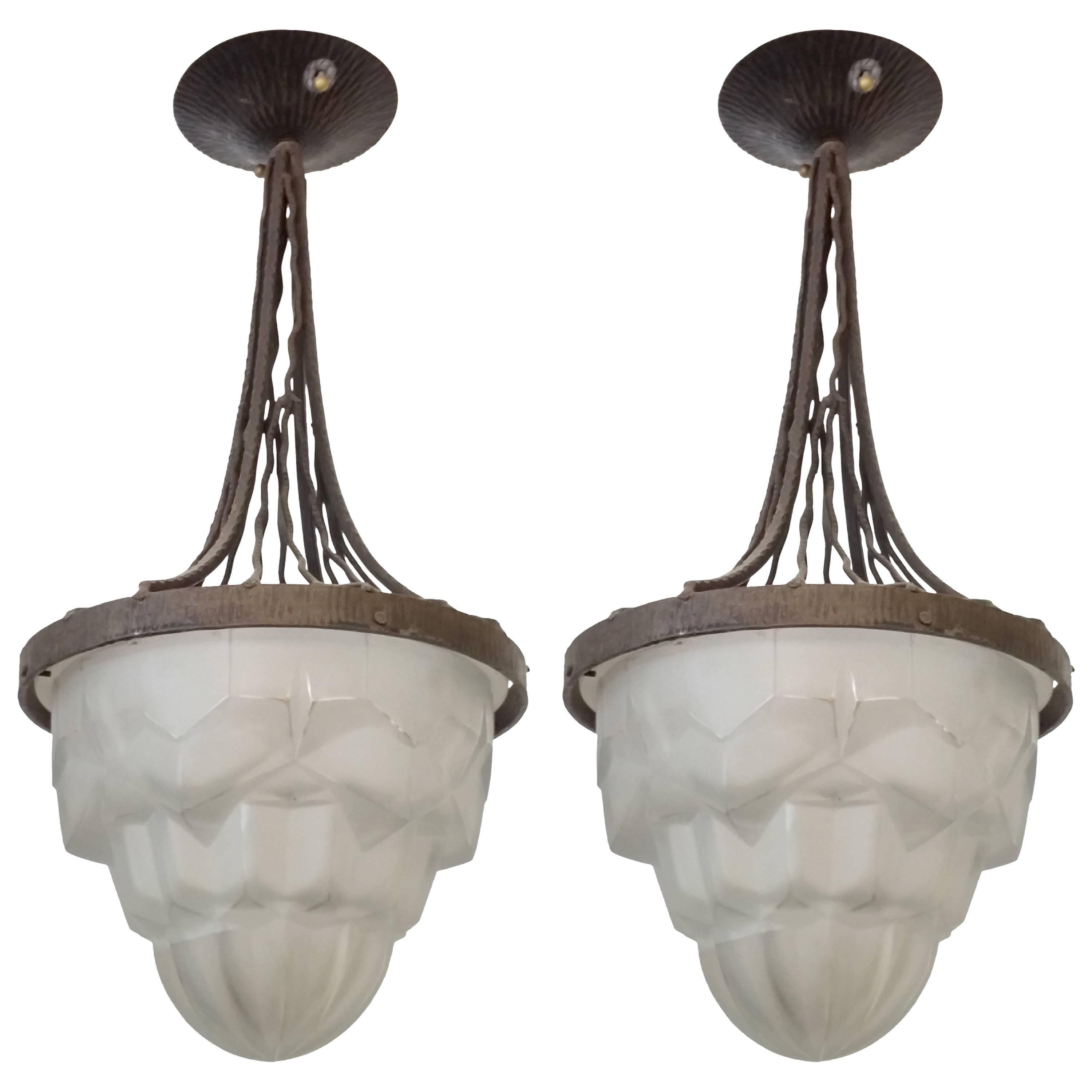 French Art Deco Pendant Chandelier signed by Degue PAIR AVAILABLE