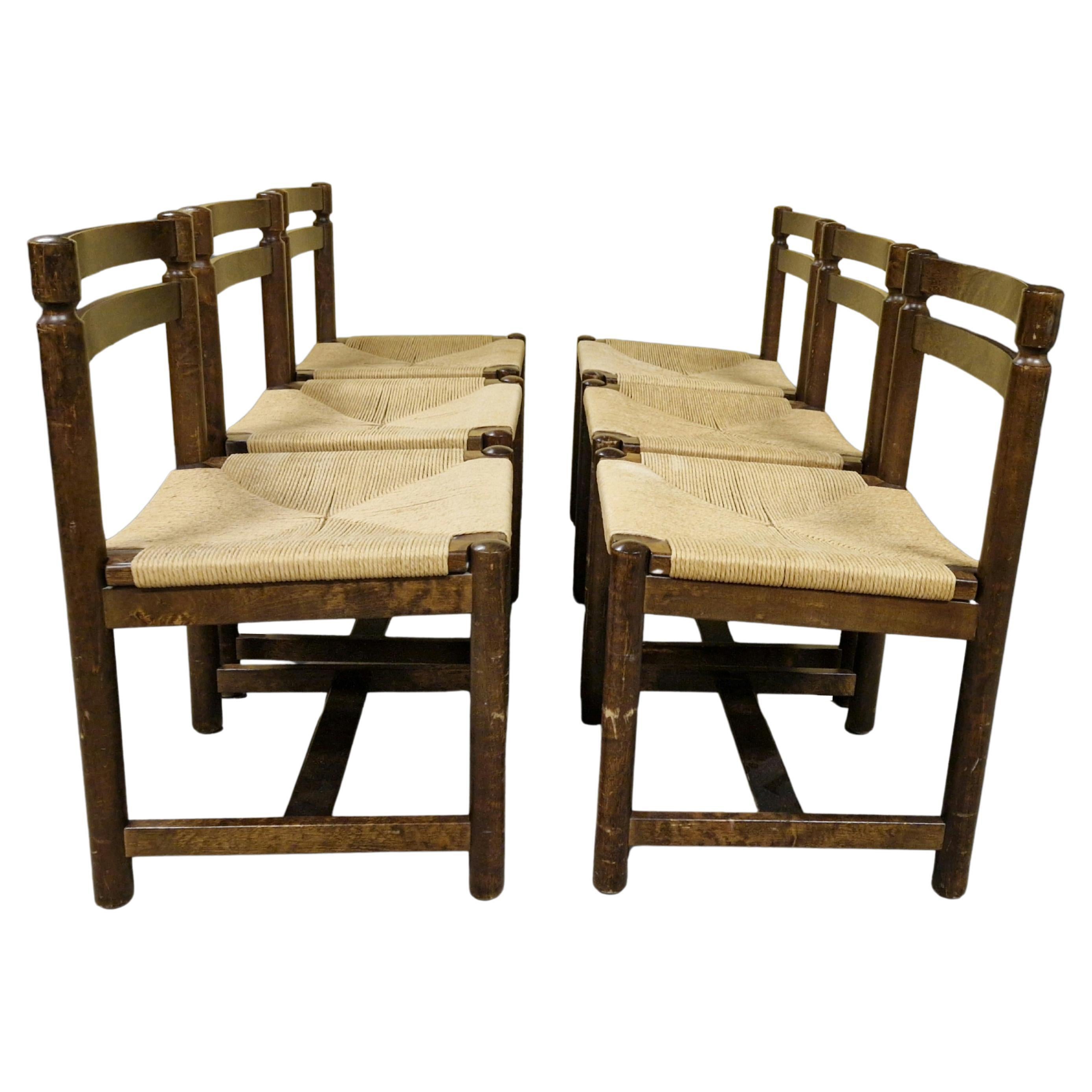 Set of 6 brutalist wood and papercord dining chairs, Netherlands 1960s  For Sale