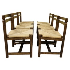 Set of 6 brutalist wood and papercord dining chairs, Netherlands 1960s