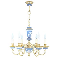 Italy Post-Modern Sky Blue Porcelain Brass Chandelier 6 Lights