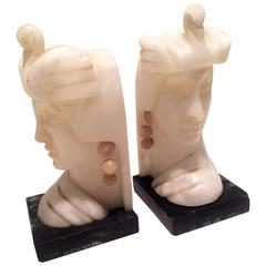 Vintage Pair of Alabaster Art Deco Females with Marble Bases