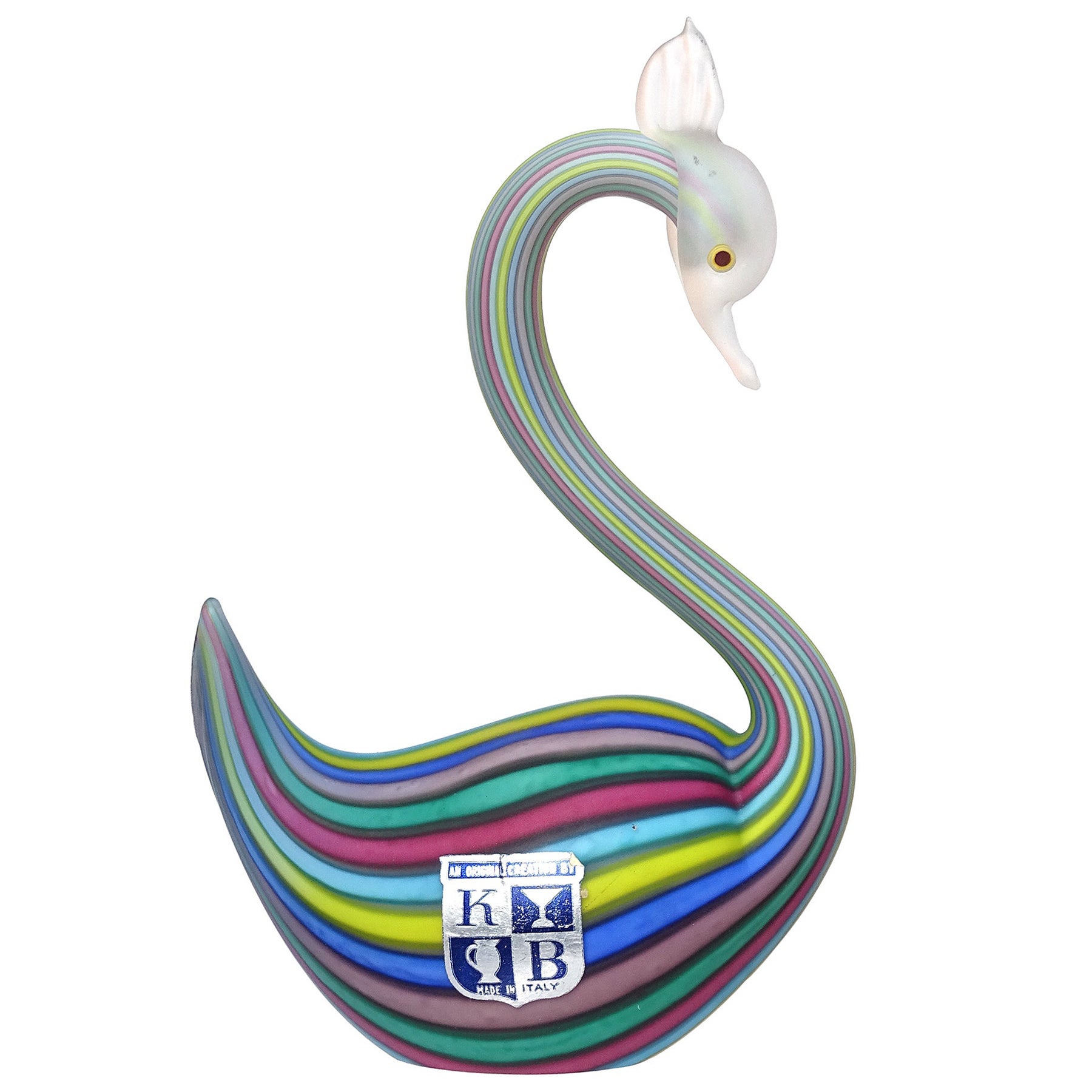 Fratelli Toso Murano Rainbow Filigrana Ribbons Italian Art Glass Swan Figurine en vente