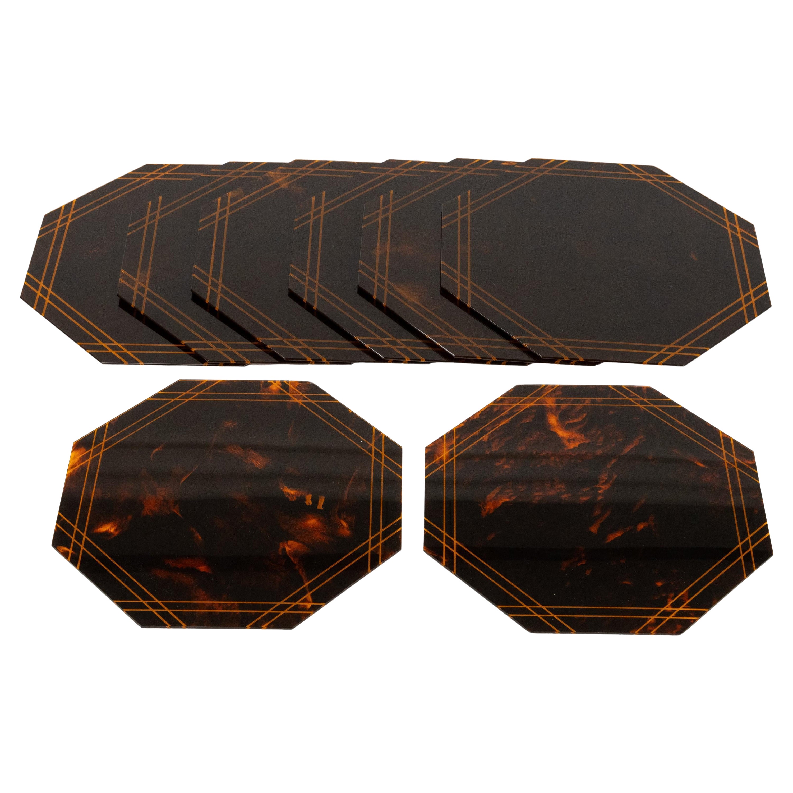 Set of Eight Placemats Tortoiseshell Effect Lucite by Team Guzzini, Italy 1970s For Sale