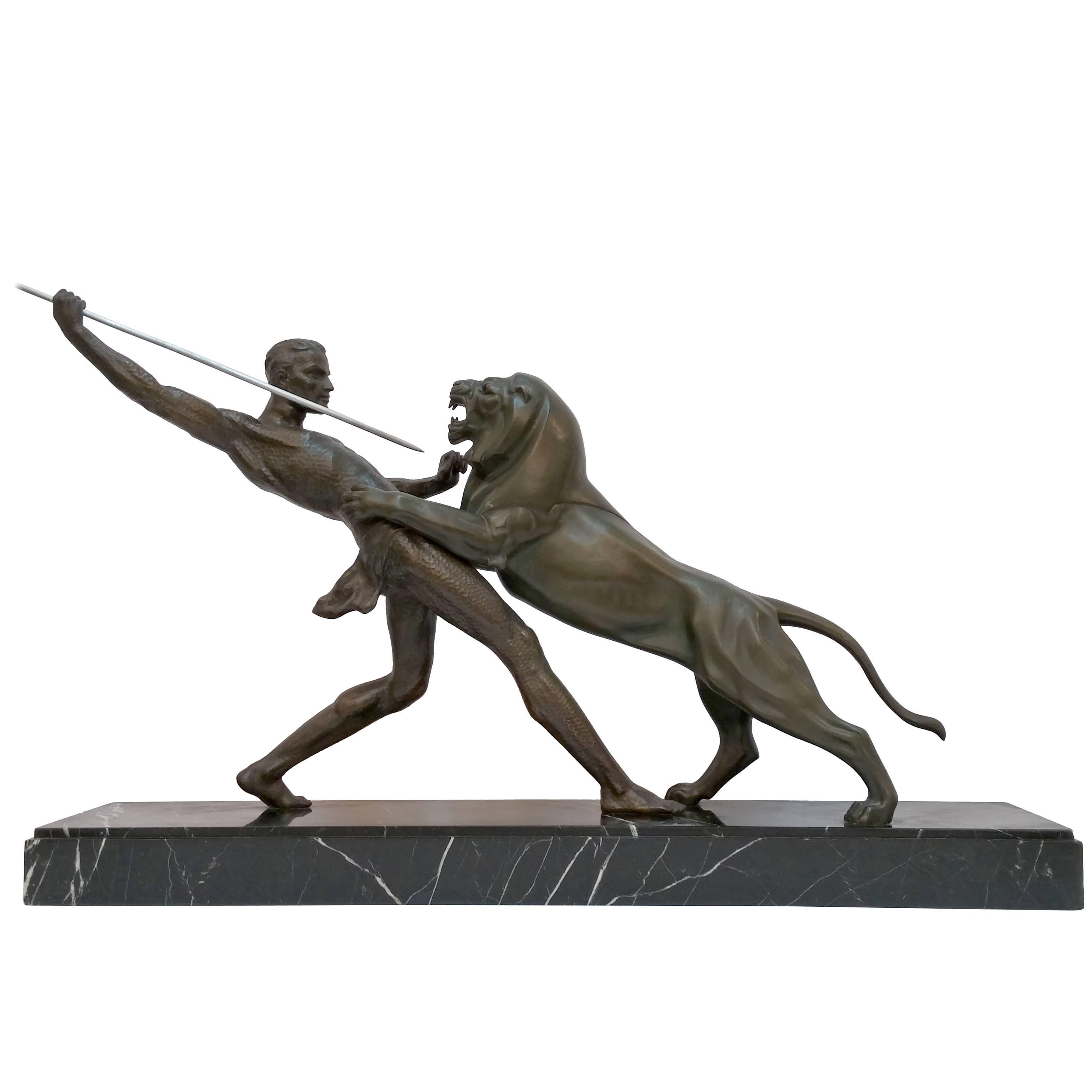 French Art Deco Hunter and Lion Sculpture Signed by Limousin
